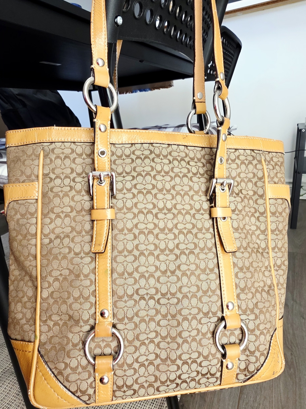 Coach Signature Canvas Tote in Tan with Yellow Leather Trim